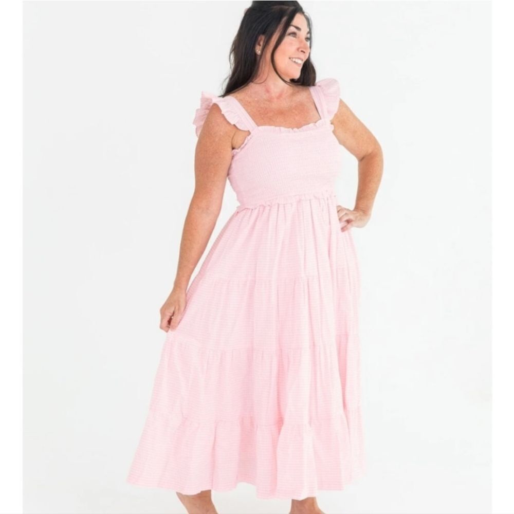 Ruffle Butts Smocked Flutter Strap Midi Nap Dress in Pink Gingham Sz L NWT
